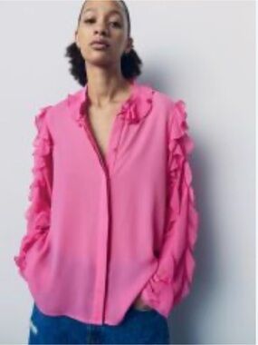 Zara Hot Pink Ruffle Sleeve Blouse